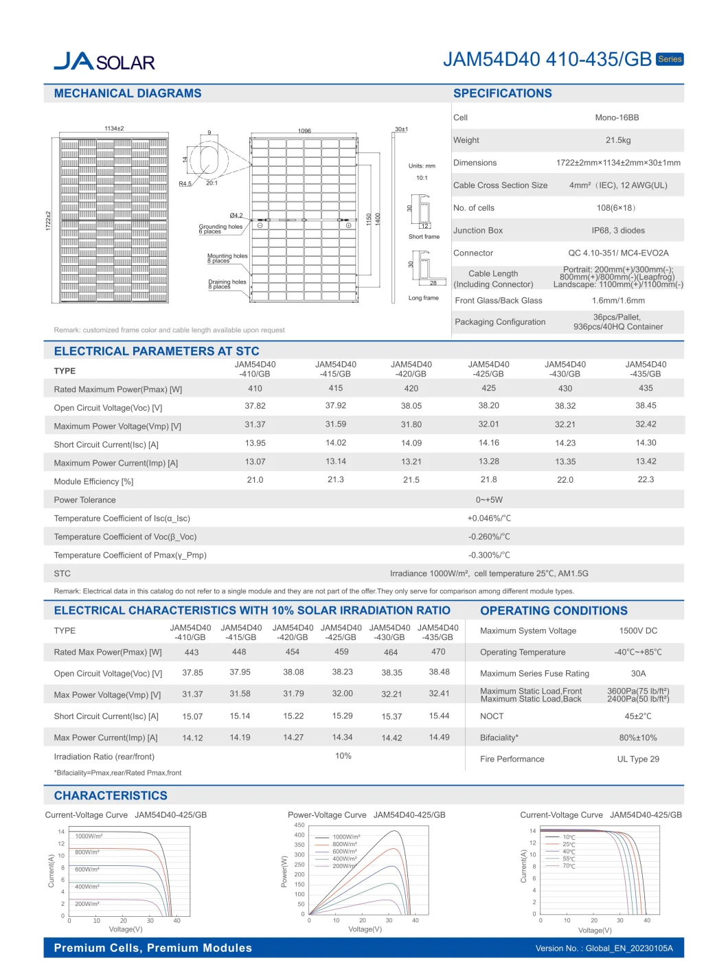 High Efficiency Ja Solar N Type Bifacial Double Glass 16bb 410W 415W 420W 425W 430W 435W Solar Panel